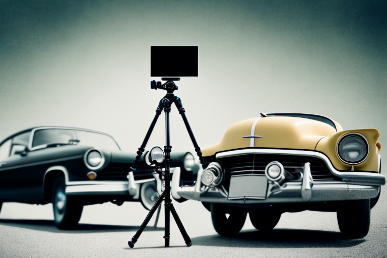 A camera on a tripod focused on a vintage car