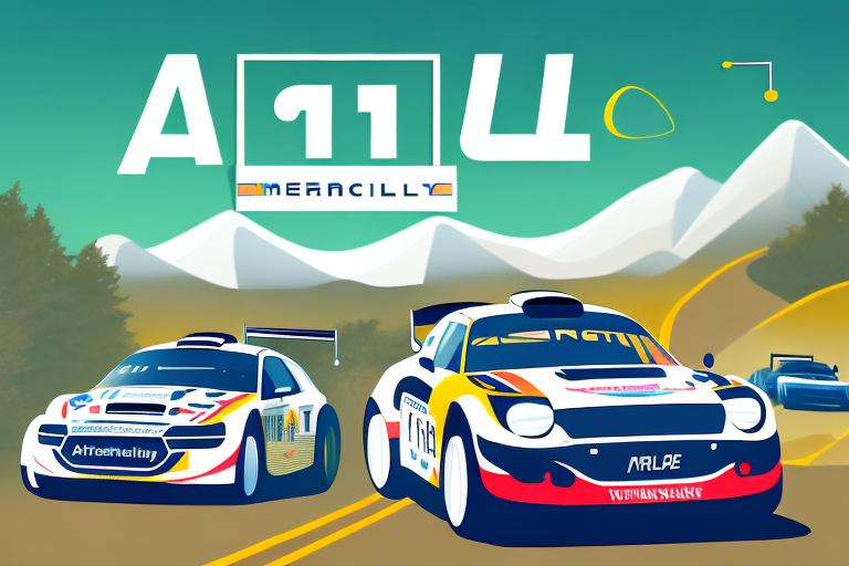A winding rally track with various rally cars in action