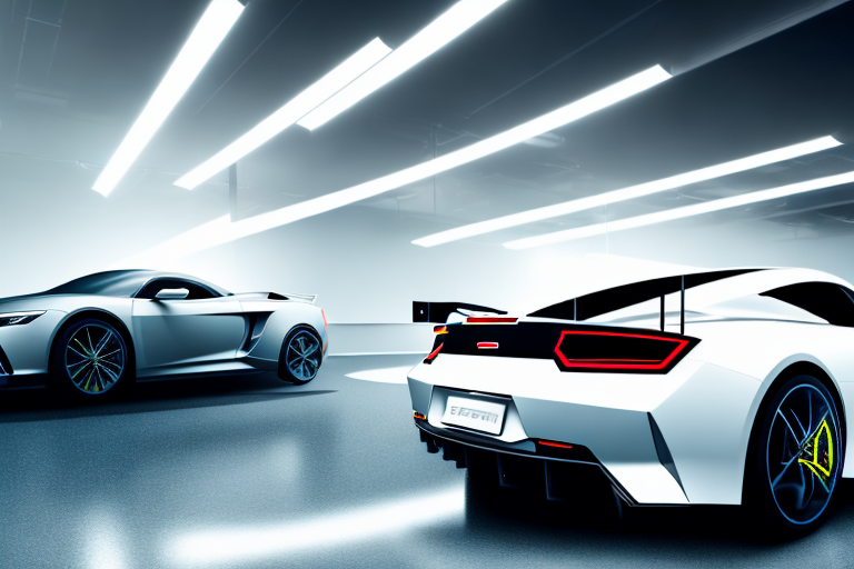 A dynamic car photoshoot setup with a sleek sports car positioned under dramatic lighting