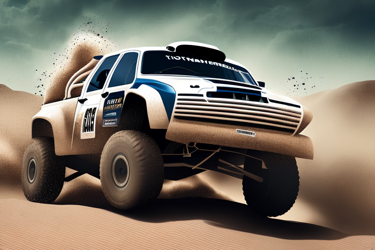 High-performance rally trucks racing on a rugged terrain