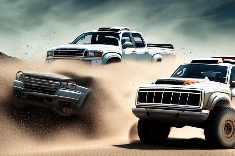 Several high-performance rally pickup trucks