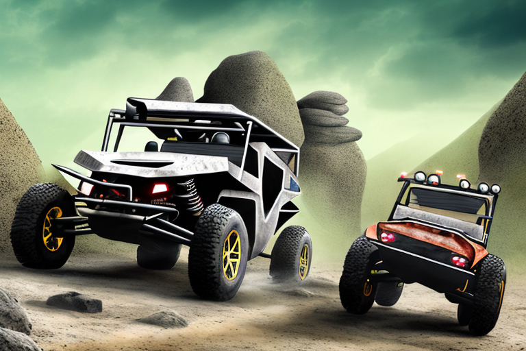 A rugged offroad buggy with large tires and a roll cage