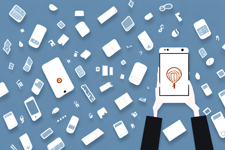 A smartphone with various file icons (like photos