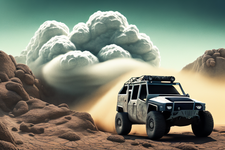 A rugged off-road vehicle kicking up a cloud of dust as it navigates through a challenging