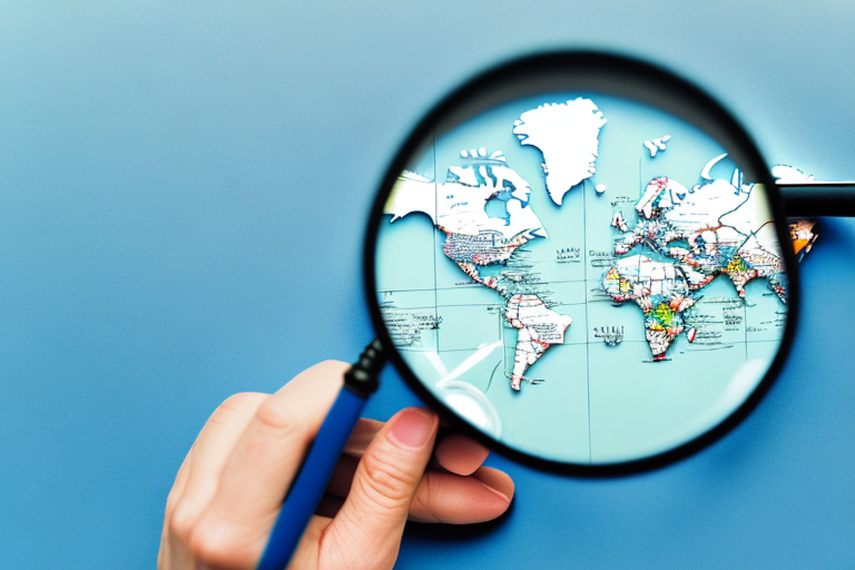 A magnifying glass focusing on a picture frame located on a global map