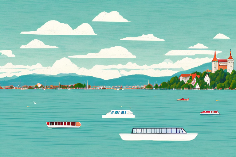 A picturesque view of lake constance (bodensee) with various classic vintage cars parked along the shore