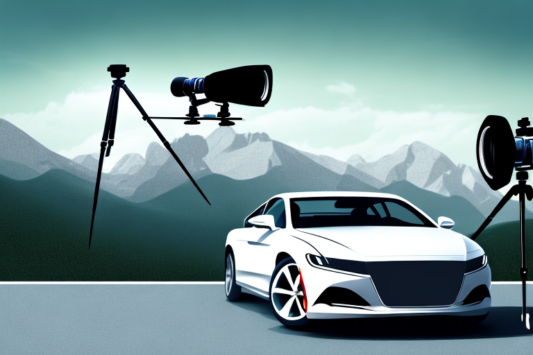 A camera on a tripod set up in front of a sleek