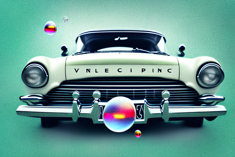A vintage car parked in a surreal landscape