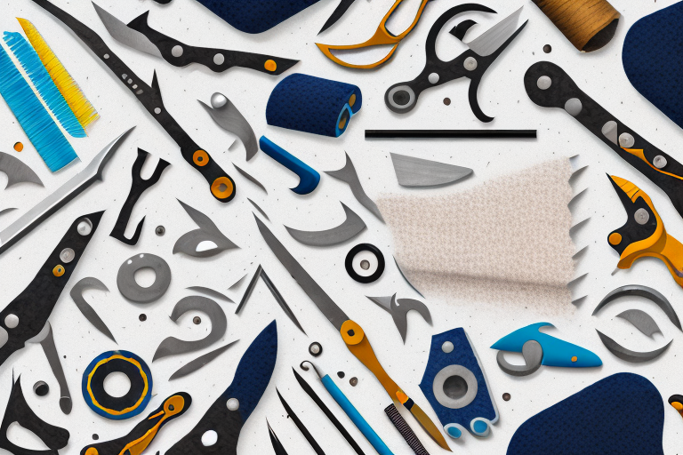 A workshop scene with various tools and materials commonly used by upholsterers