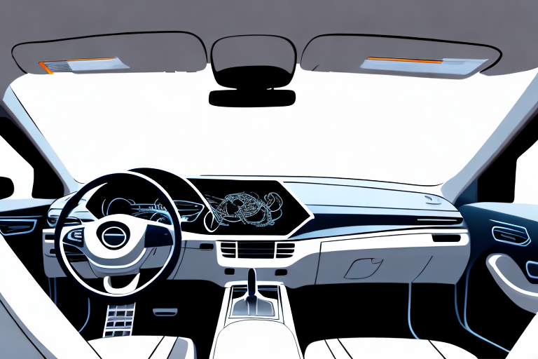 A car's interior highlighting key elements such as the dashboard
