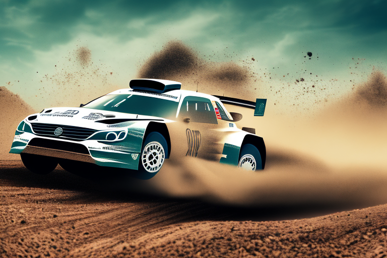 A dynamic rally car racing along a dirt track