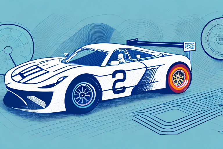 A racing car on a track with a digital timer showing real-time speed and lap time