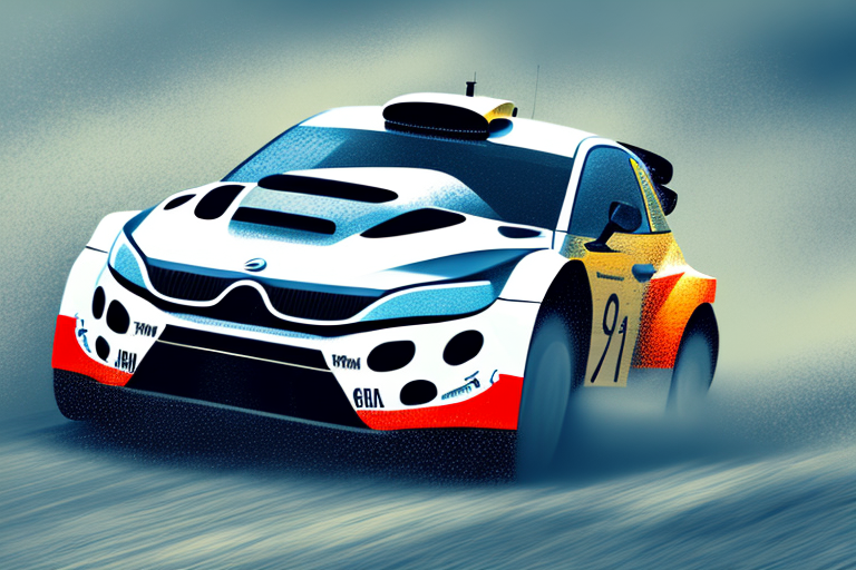 A dynamic rally car in action on a rough terrain