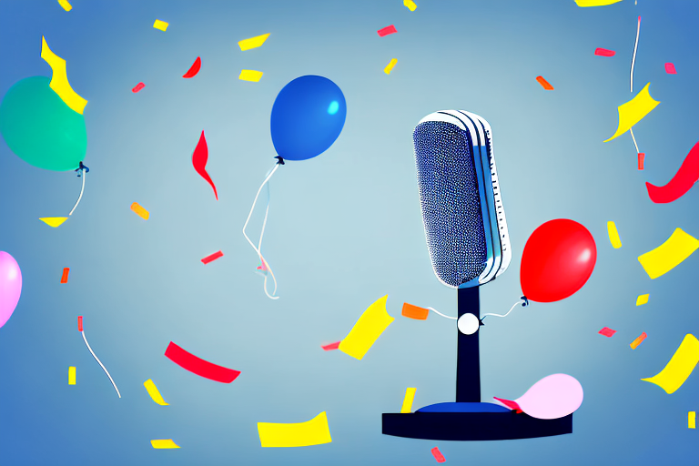 A microphone on a podium with a rallye car and various event elements like balloons