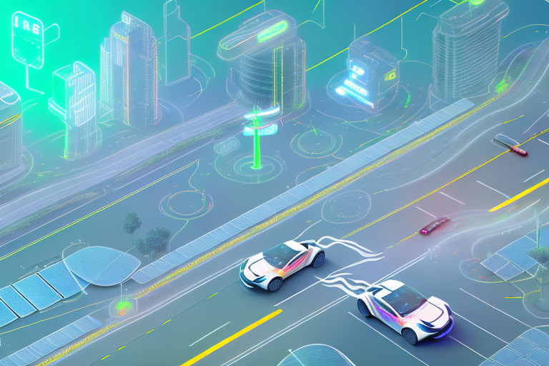 A futuristic cityscape with electric rally cars speeding along the streets