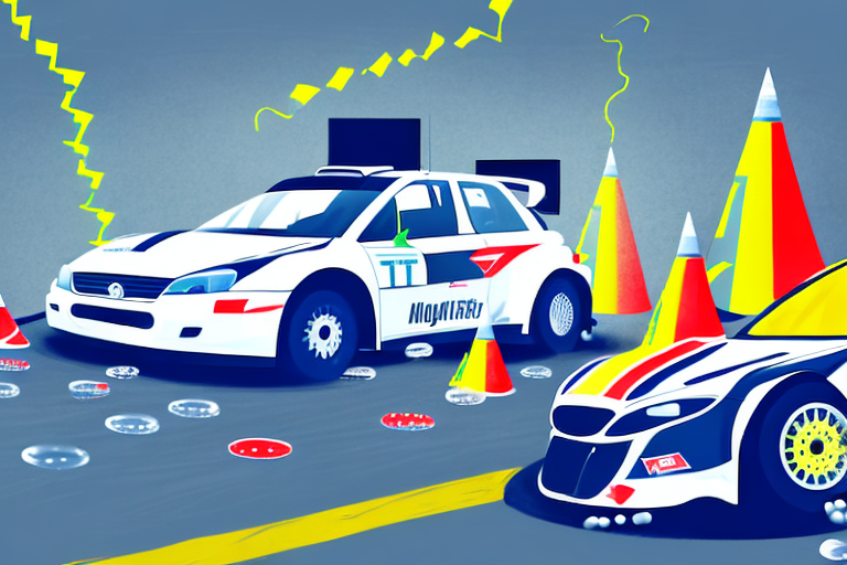 A rally car with visible damage at a race track