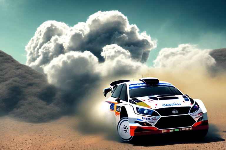 A rally car in mid-air during a high-speed jump on a rugged terrain