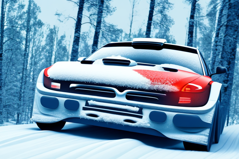 A rally car speeding on a snowy finnish forest track