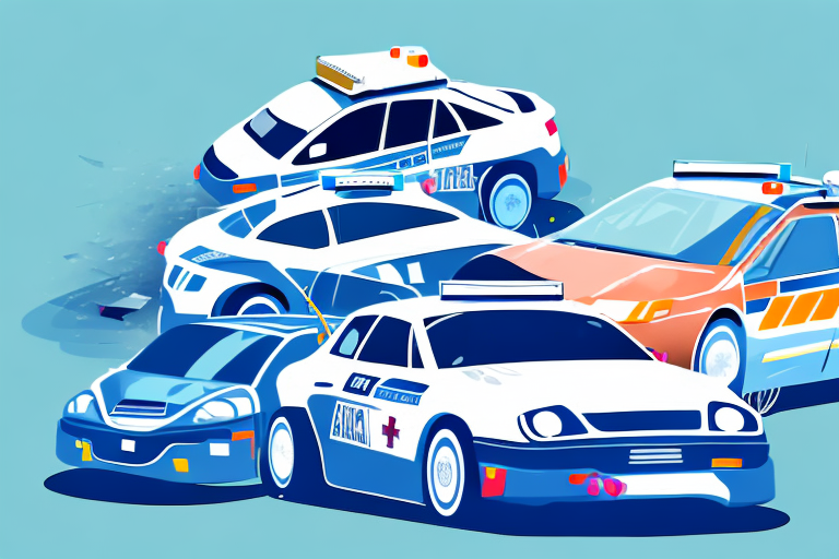 A crashed rally car on a race track with ambulances and police cars in the background