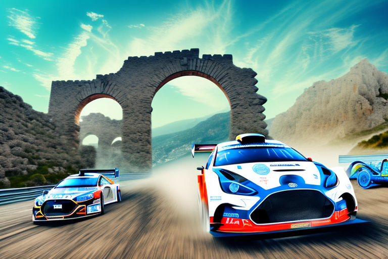 A thrilling motorsport rally scene with various racing cars speeding through the rugged terrains of greece