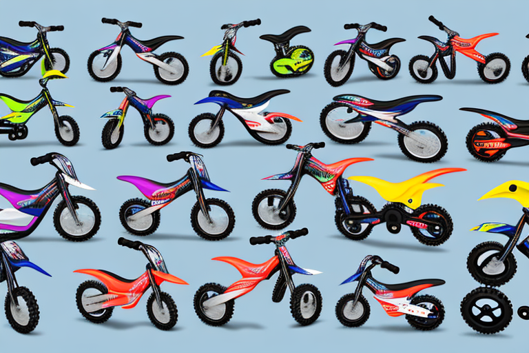 Several different models of children's electric motocross bikes lined up for comparison