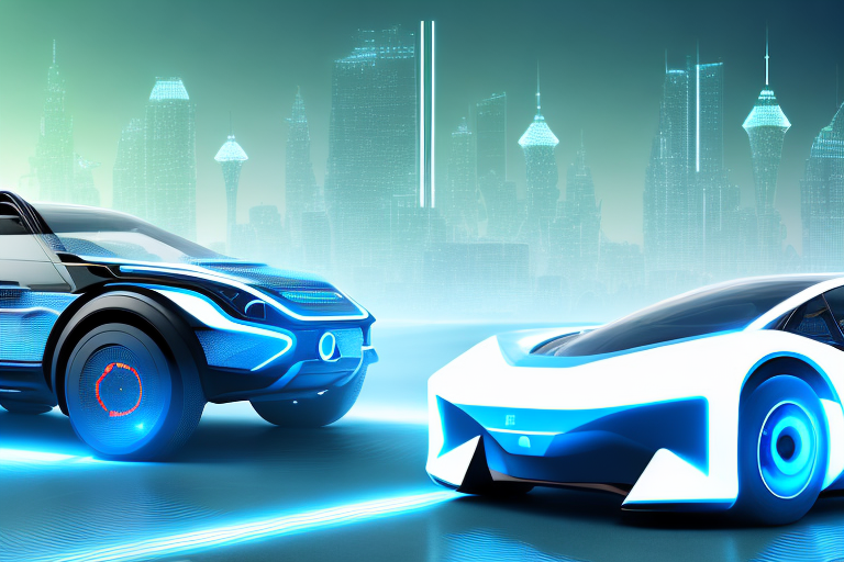 A futuristic electric rally car speeding on a rough terrain