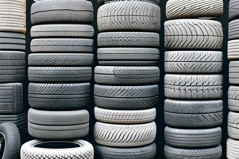 Various types of car tires neatly stacked in a clean