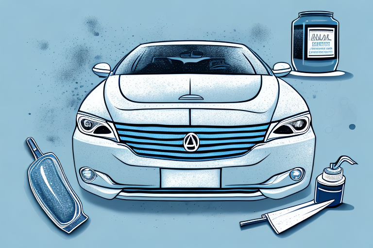 A matte-finished car with a selection of car care products like wax