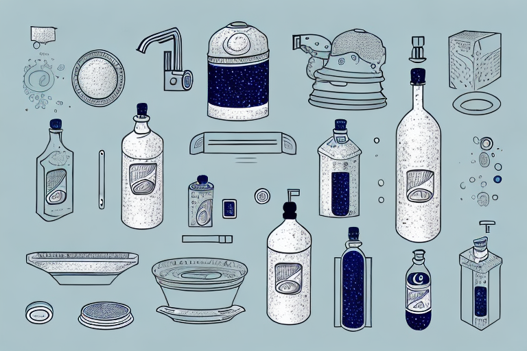 A bottle of aktivschaum surrounded by various household items like a kitchen sink