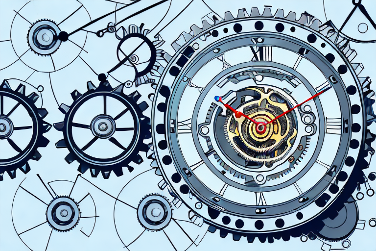 A clock intertwined with mechanical gears and tools