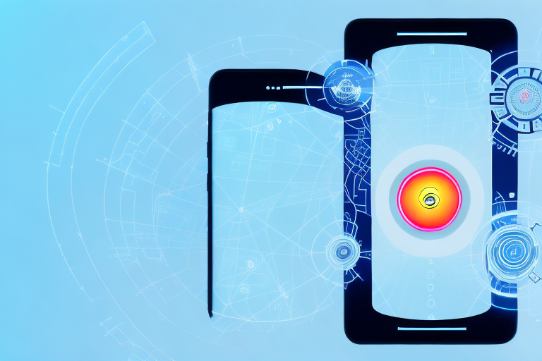 A smartphone projecting a futuristic head-up-display (hud) with navigation symbols and maps on a transparent screen