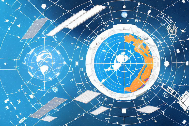 A gps satellite in space with visible signals being disrupted