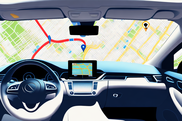 A car interior showing a gps device on the dashboard