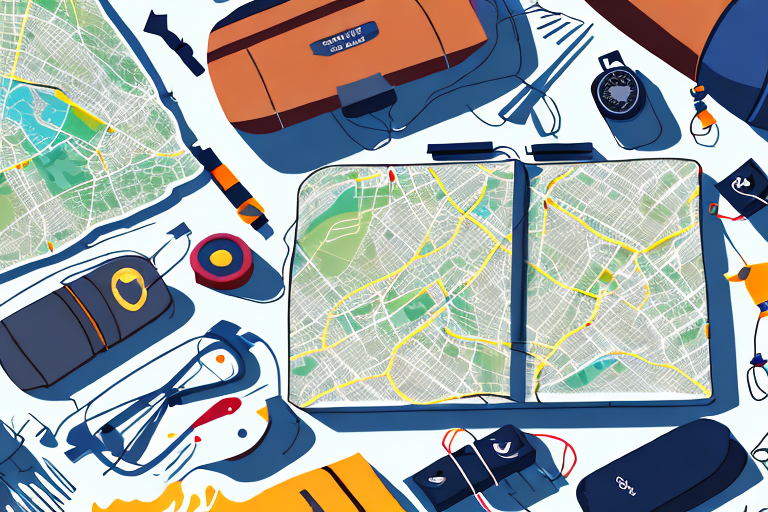 Several high-tech navigation devices placed on a map with popular camping destinations marked