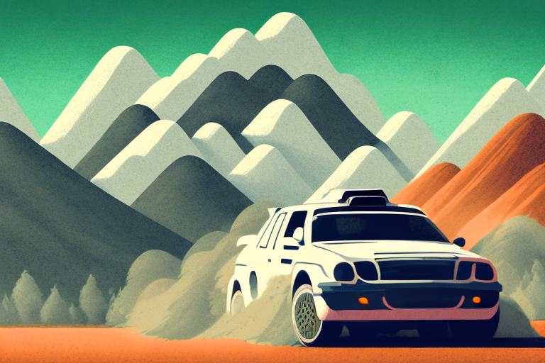 A dynamic scene with a rally car speeding on a dirt road amidst a rugged