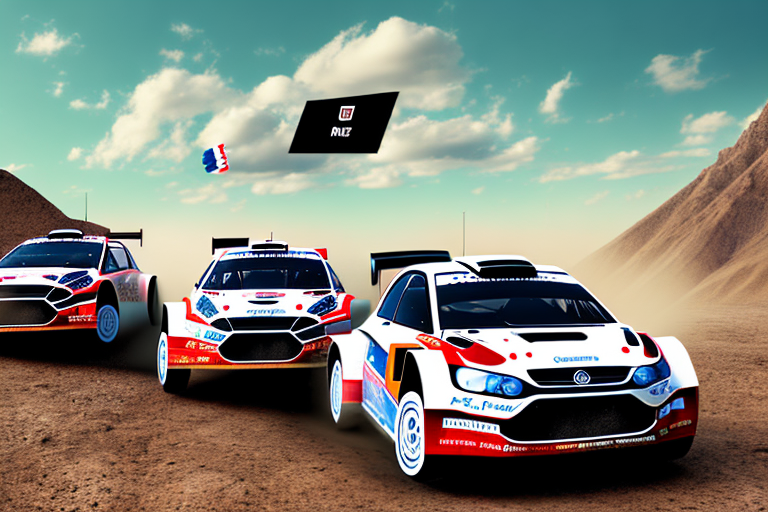 A variety of rally cars on a rugged terrain