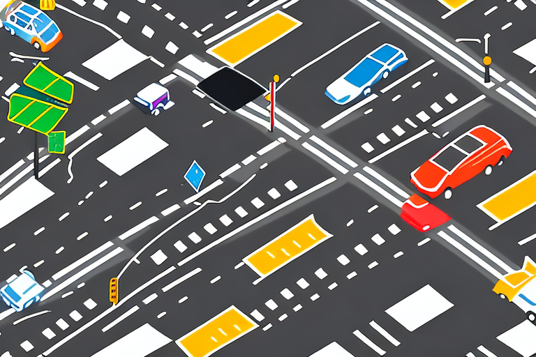 A busy city street with various traffic signs