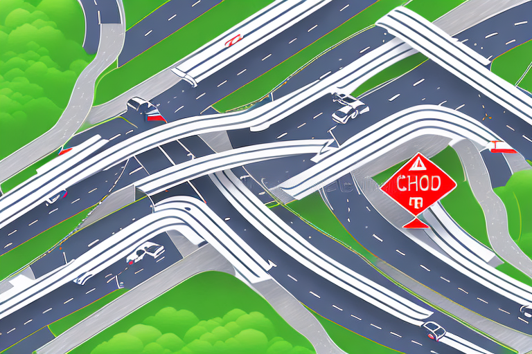 A german autobahn with roadblocks and detour signs