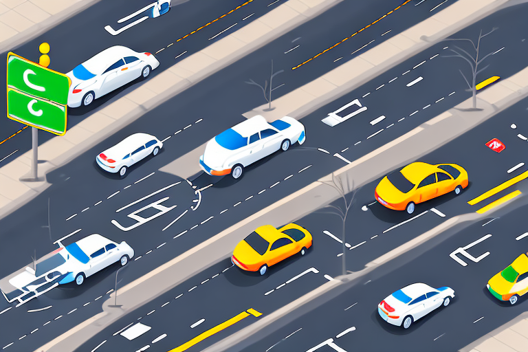 A car on a busy street following all traffic rules
