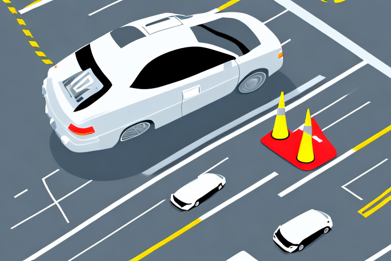 A car on a training course with various safety obstacles such as cones