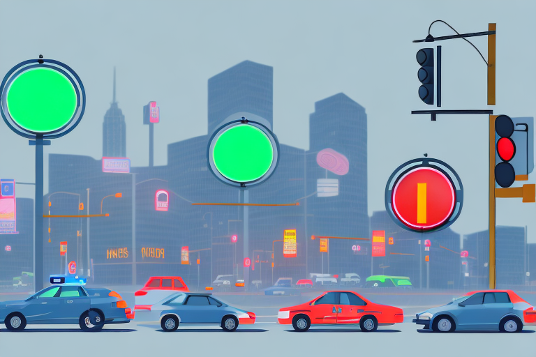 A busy intersection with various police signs and traffic lights