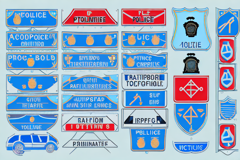 Various police traffic signs and symbols placed on a busy city street intersection