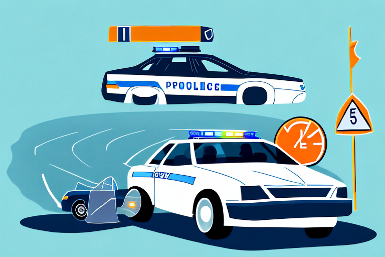 A car being pulled over by a police car on a road with marked distances to symbolize the concept of maintaining proper distance to avoid fines