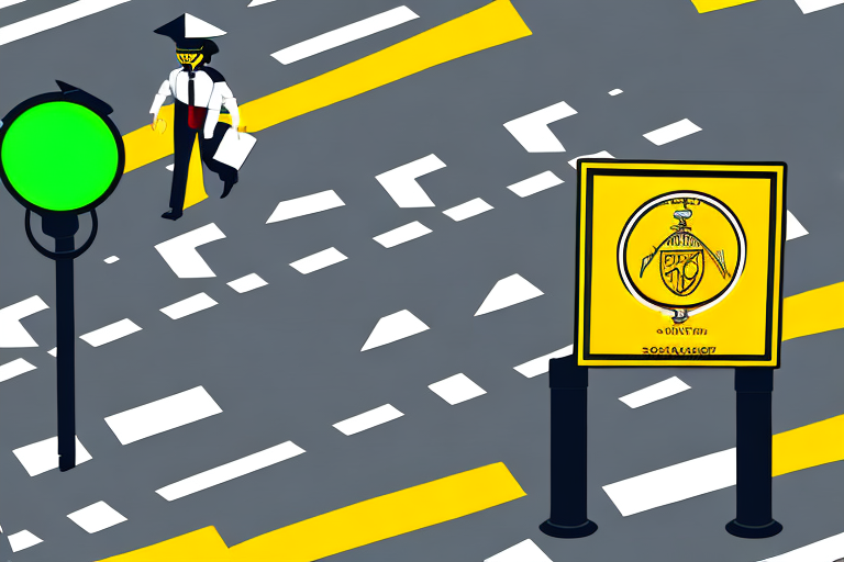 A school crossing sign surrounded by safety features like traffic lights