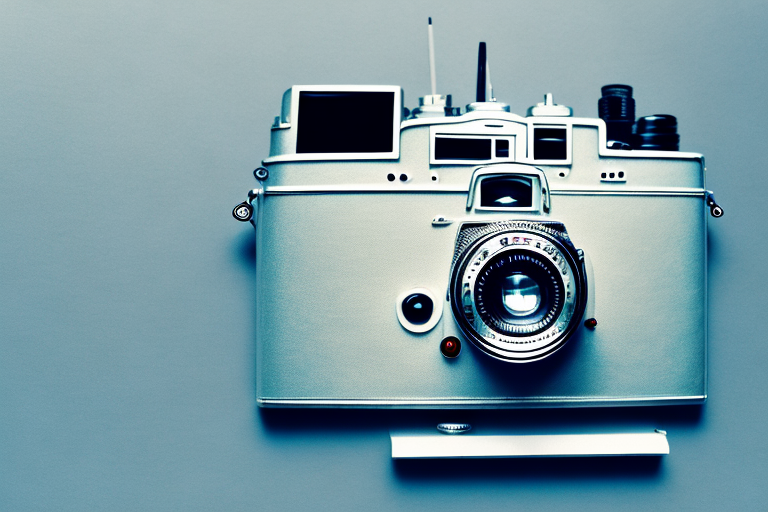 A vintage analog camera next to a modern computer