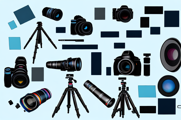 A camera on a tripod with various photography accessories like lenses