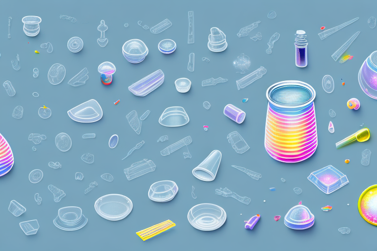 Various plastic objects such as a faded plastic chair