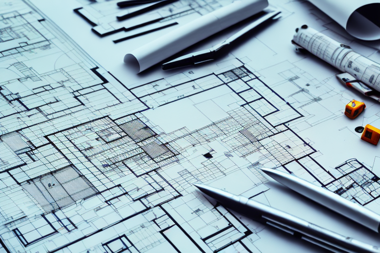 A construction site with architectural plans and a building permit on the foreground