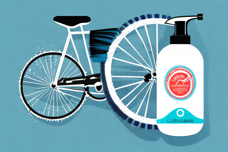 A bicycle cassette being cleaned with a brush and a bottle of cleaning solution nearby