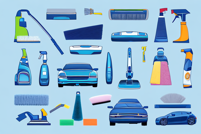 A car interior with various cleaning tools like a vacuum cleaner
